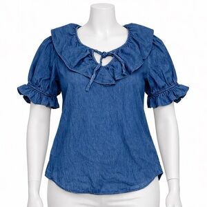 Vintage Willowbend Denim Ruffle Collar Peasant Blouse USA Made Large